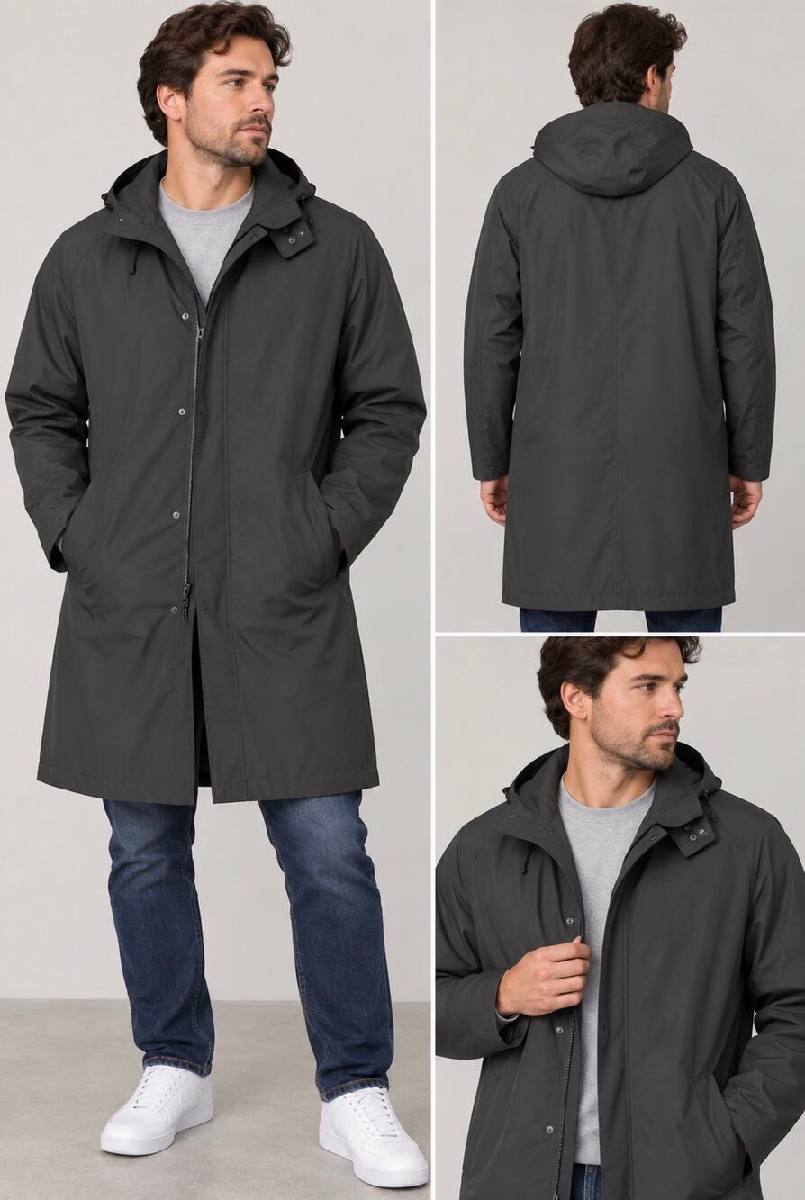 Cianni Men’s Black Hooded Trench Coat Long Rain Jacket Full Zip Snap Front